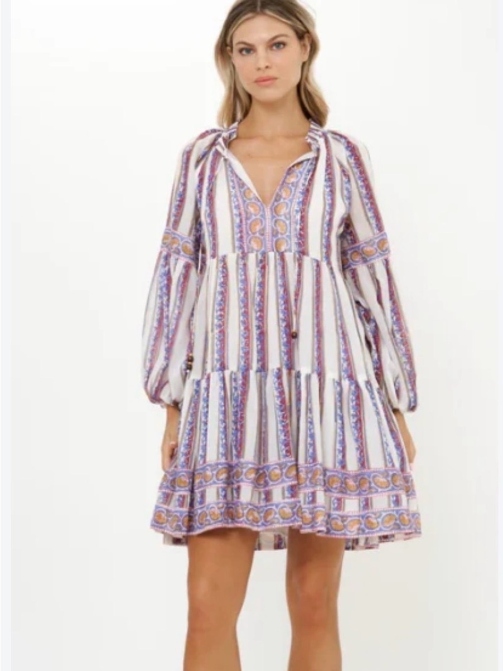 Oliphant White Mini Dress with Purple and Peach Stripe Print